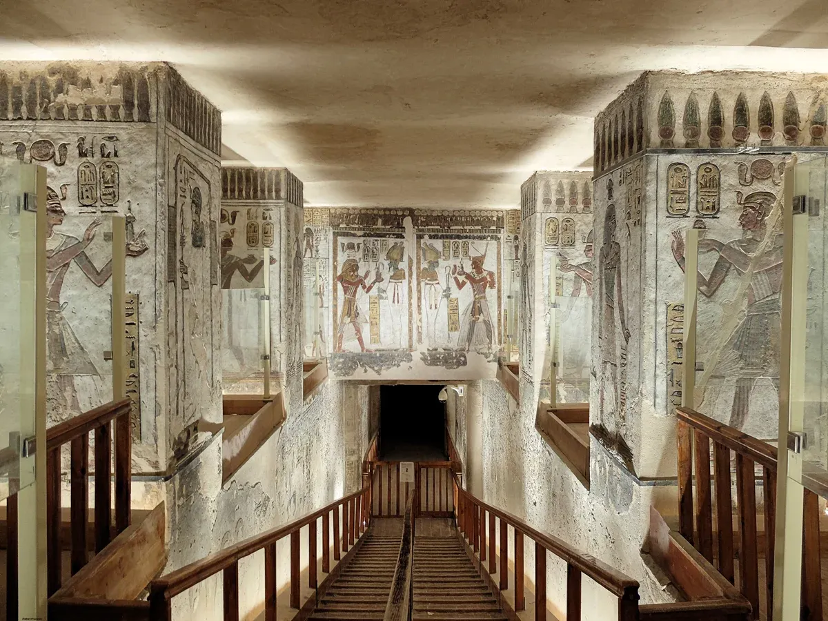 Pillars and painted walls inside the tomb of Ramesses III, KV11, seen on a Valley of the Kings tour