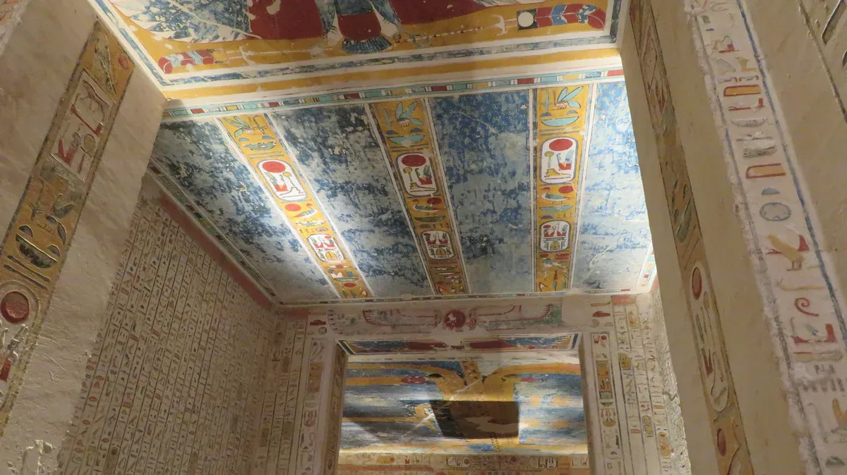 The painted ceiling and burial chamber of the tomb of Ramesses IV, KV2, seen on a Valley of the Kings tour