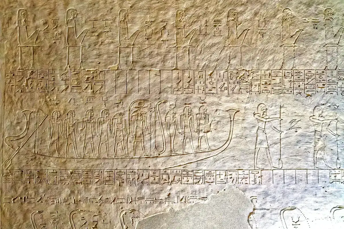 Carved boat relief in the tomb of Queen Tausert and Setnakht in the Valley of the Kings, seen on a Valley of the Kings tour